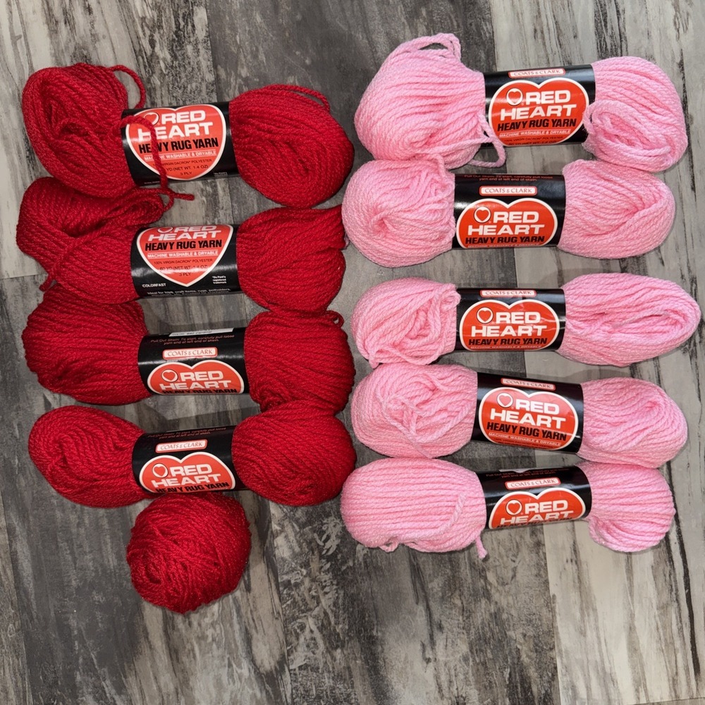 9 + Skeins Vintage Red Heart Heavy Rug Yarn 60 Yard Each Cardinal Red Pink